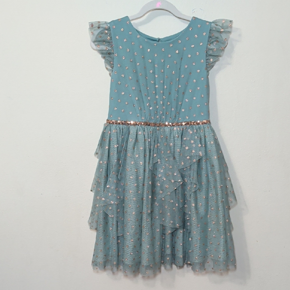 Zunie Teal Tulle Dress with Gold Stars Ruffles Fairy Whimsical Girls Size S 6/6X